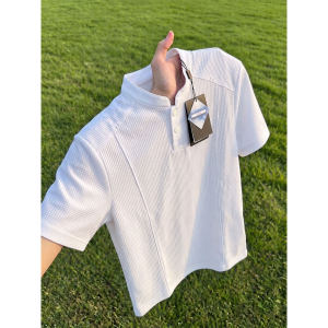 ZHUOCAN | Black Embroidery Waffle Texture Ice Silk Mens Summer Henley Polo T-shirt