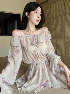 GUZILIAN | French Romantic Style One Shoulder Flower Print Summer Dresses