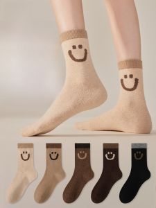 Miiow | Womens Mid-Calf Fleece-Lined Socks Warm Korean Style Cat Face Long Socks Cute Japanese College Style Loop Texture Autumn Winter