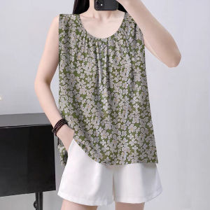 เสื้อกั๊กแขนกุดพิมพ์ลายดอกไม้ทรงหลวมสำหรับผู้หญิง ฤดูร้อน 2025 ใหม่ เสื้อชั้นใน ชุดทำงาน แขนกุด ปกโปโล ผ้าฝ้ายผสม