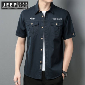 JEEP SPIRIT 1941 ESTD เสื้อแขนสั้นเรียบง่าย เสื้อทำงาน หลวมๆ เสื้อโปโล ลองคอ ฝ้าย