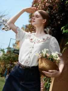 XIANGYING | Feminine Lace Ruffles Pure Cotton White Shirt