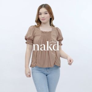 NAKD FASHION DULCIE TRENDY CHALLIS SQUARE NECK SMOCKING PUFF SLEEVES BASIC DAILY CASUAL TOP