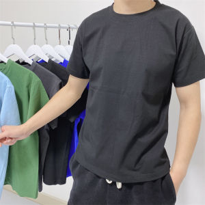 Loose round Neck Short Sleeve Pure Cotton T-Shirt for Men Light Blue Casual Summer Top Quality Sweat Cloth Standard Fit