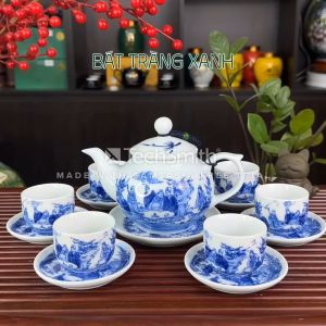 Bộ Ấm Pha Trà Men Lam Quả Hồng Bát Tràng Trúc Lâm Thất Hiền - Ấm Dung Tích 350ML