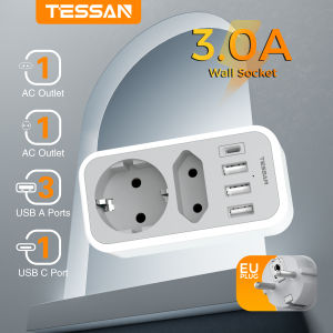 TESSAN Vertical Wall Socket Extender with 2 AC Outlets +3 USB Ports +1 Type C EU Plug Power Adapter Overload Protection for Home