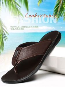 Mens Discount Leather Sandals Outdoor Wear Genuine Leather Slip-On Casual Fashionable Beach Shoes Comfortable Flat Heel