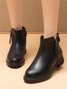 SHIPAILUO | Warm Fleece Lined Flat Bottom Booties For Middle-Aged Women Winter Casual Round Toe Short Boots Comfortable Rubber Sole Shoes