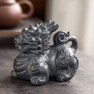 Qilin Statue Chinese Dragon Sculpture for Feng Shui Home Decor Asian Art Gift Hand-Carved Natural Black Granite