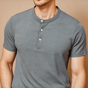 J.KKK Mens Chinese collar short sleeved plain polo shirt casual loose fashion T-shirt top