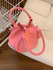 Korean Lychee Pattern Small Pink Bag Mini Soft Leather Bucket Bag Casual Versatile Handheld Vegetable Basket Crossbody Shoulder Bag for Women