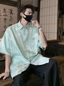 New Chinese Style Summer Short Sleeve Loose Fit Printed Shirt Mens Thin Cool Casual Floral Patterned Button up Top Coat