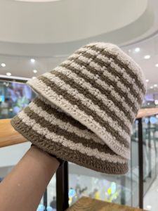 Warm Knitted Bucket Hat Womens Autumn Winter Casual Stripe Fisherman Cap Face Slimming Sunshade Breathable Foldable Travel Hat