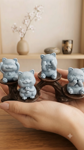 Bộ 04 tượng Mèo Thần Tài 4.5cm mẫu Tứ Không có ánh kim Decor Bàn Làm Việc Trang Trí Ô Tô