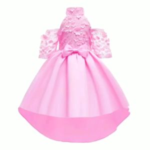 DRESS PESTA ANAK IMPORT MURAH HALTER PATCH BUNGA SATIN EKOR