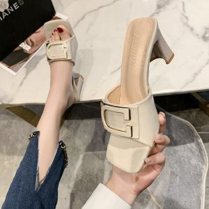 รองเท้าแตะส้นสูงสำหรับผู้หญิง ทรงหัวเหลี่ยม สไตล์เกาหลี ฤดูร้อน 2024 รองเท้าแตะแบบครึ่งนิ้ว สวมใส่สบาย รองเท้าแตะสไตล์โรมัน