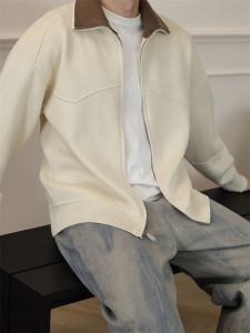 เสื้อสเวตเตอร์ถักคอปกสีบล็อกสไตล์อังกฤษ สำหรับผู้ชาย อบอุ่น หนา แจ็คเก็ตลำลอง คาร์ดิแกน ทรงหลวม ปกติ ฤดูใบไม้ร่วง/ฤดูหนาว