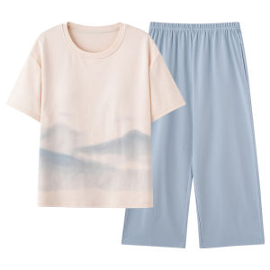 Miiow | Pure Cotton Summer Sleepwear Womens Short Sleeve Home Clothes Two-Piece Set With Chest Pad Wearable Outdoor Comfortable