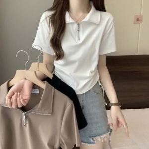 Women Half Zip Polo T-Shirt Ruched Slim Fit Short Sleeve Casual Summer Top
