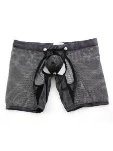 Mens Mesh Boxers Shorts Faux Leather Underpants Pouch Detachable Underwear Buckle Trunks Man Bottoms