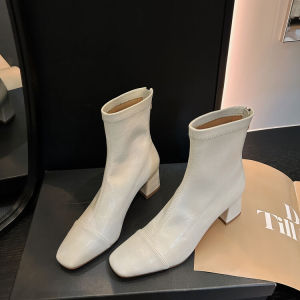 French Style Square Head Short Boots Womens Chunky Heel mid Heel Commute Boots Elastic Slimming Boot Korean Style Winter