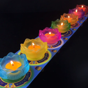(Local warehouse) Seven-color glazed lotus candlestick butter lamp base household crystal lotus glass creative lotus butter lamp in front of Buddha