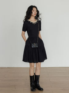 Bohemian Style Womens Dress round Neck Short Sleeve A-Line Mini Skirt Slimming Waist Cinch Summer Fashion Casual Wear