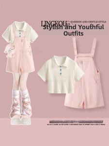 NUMEN BUTTON | Summer Preppy Style Large Size Suit Polo T-Shirt Denim Shorts Set