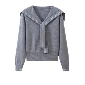 YUEZHONGWEI | Áo len cardigan cổ thuyền màu xám ngắn cho nữ mùa thu đông phong cách Hàn Quốc thường ngày áo len dệt kim đơn giản cổ chữ V