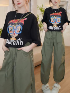 Shalldoer | Fashionable Womens Summer Cartoon Print Short Sleeve T-Shirt Wide Leg Casual Pants Two-Piece Set Round Neckline Polyester