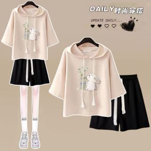 Cute Girls Summer Sportswear Set Hoodie Short Sleeve Shorts Two-Piece Cotton Casual Outfit College Style Teen Fashion