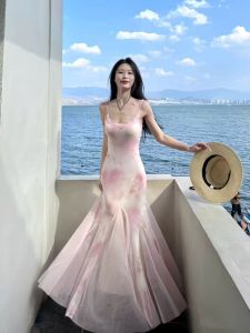 Váy Dài Không Tay Hoa Phong Cách Thái Lan Mùa Hè 2025 Váy Midi Lưới Hở Lưng Cho Tiệc Sinh Nhật Ngoài Trời Mùa Hè