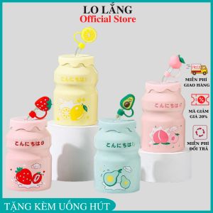 Cốc sứ 400ml có nắp đậy hỗ trợ giữ nhiệt tặng kèm ống hút in hình cute cao cấp