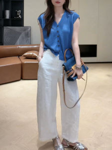 Shalldoer | Bộ đồ hai mảnh giản dị cổ chữ V tay ngắn quần dài cạp cao mùa hè cho nữ Bộ đồ thoải mái màu trơn đơn giản