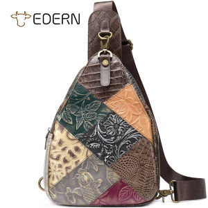 EDERN กระเป๋าสะพายข้างผู้หญิงแฟชั่น กระเป๋าคาดหน้าอกหนังแท้ กระเป๋าสะพายไหล่แบบแพตช์เวิร์ค กระเป๋าสลิงหนังวัวสไตล์ชาติพันธุ์ย้อนยุคสำหรับผู้หญิงสาว