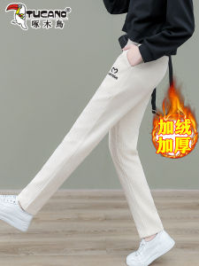 Womens Fleece Lined Slim Straight Casual Pants High Waist Korean Style Commute Fashion Spring Autumn Winter High Waist Pockets