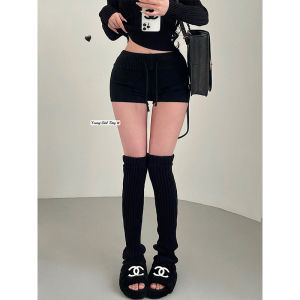 กางเกงขาสั้นถักนิตติ้งทรงเข้ารูปสำหรับผู้หญิงในช่วงฤดูหนาว กางเกงขาสั้นทรงเข้ารูปทรงเข้ารูปทรงเข้ารูปแบบเข้ารูปพร้อมเชือกผูกสำหรับผู้หญิง