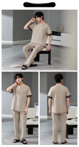 miiow | Mens Pure Cotton Sleepwear Short Sleeve Loose Casual Home Clothes Set Comfortable Breathable Summer Nightgown With Pants