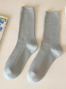 Comfortable Striped Mid-Calf Socks for Women Breathable Pure Color Korean Style Versatile Autumn Winter Fashionable Socks