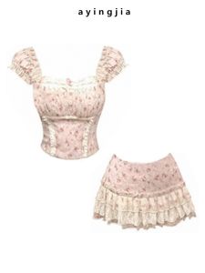 หวาน ดอกไม้สีชมพูชุดสองชิ้นแขนสั้นมินิ กระโปรง ครึ่งความยาว Faux สองชิ้น กางเกงขาสั้น ชุดสําหรับ พลัสไซส์ ผู้หญิง