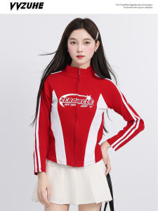 American Retro Style Short Zipper Jacket Womens Color Block Letter Print Stand Collar Slimming Autumn Top Ladies Coat