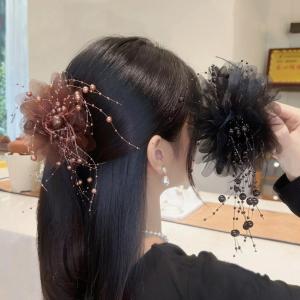 Elegant Women Girls Hair Claw Pleated Organza Pearls Black Feather Grip Shark Hair Clip Women Headwear Hair Accessories