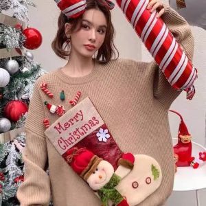 Christmas Theme Thickened Knitted Sweater Womens Heavy Work Christmas Style Long Sleeve Overhead Cartoon Patterned Top