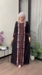 Gamis Batik Twill Pekalongan Motif Batik Cap Kekinian Lengan Karet Full Kancing Depan Mewah