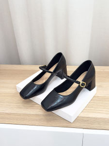 Black Soft Leather Mary Jane Shoes Womens Chunky Heel Square Head One-Strap High Heels Commuter Fashionable Simple Style