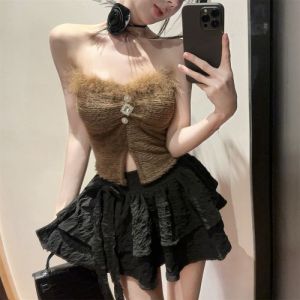 GUZILIAN | Slim Fit Split Vest Pure Desire Lockbone Design High Waist Puffy Half Skirt Cake Skirt Set Korean Style Commute Wear