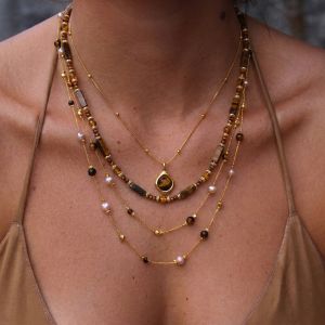 Dây Chuyền Mặt Hổ Phách Phong Cách Bohemian Cổ Điển Nữ Chất Liệu Thép Không Gỉ Phối Ngọc Trai Giả Kiểu Choker Nhiều Lớp Trang Sức Hình Học