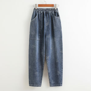 ฤดูร้อน บาง เดนิม กางเกงยีนส์ ผู้หญิง พลัสไซส์ พ่อเก้ากระเป๋า Harlan หลวม แครอทขากว้าง กางเกง พรางหุ่น สําหรับสไตล์การเดินทางอวบอ้วน Mm