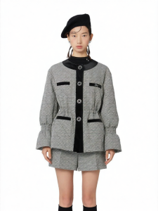 Grey Houndstooth Short Thick Loose Cotton Jacket