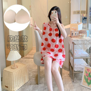 Summer Womens Cotton Silk Vest Shorts Sleepwear Set Removable Chest Pad Sleeveless Outerwear Comfortable Breathable Nightgown